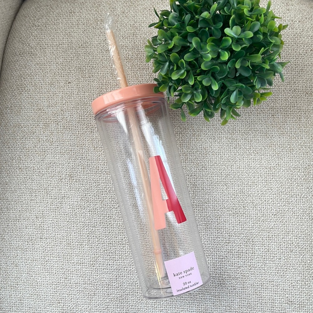 Kate Spade Insulated Initial “A” Tumbler 24oz Acrylic Travel Cup color peach